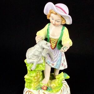 Vintage Porcelain Figurine Dresden West Germany Shepherdess w Lamb N Crown Mark